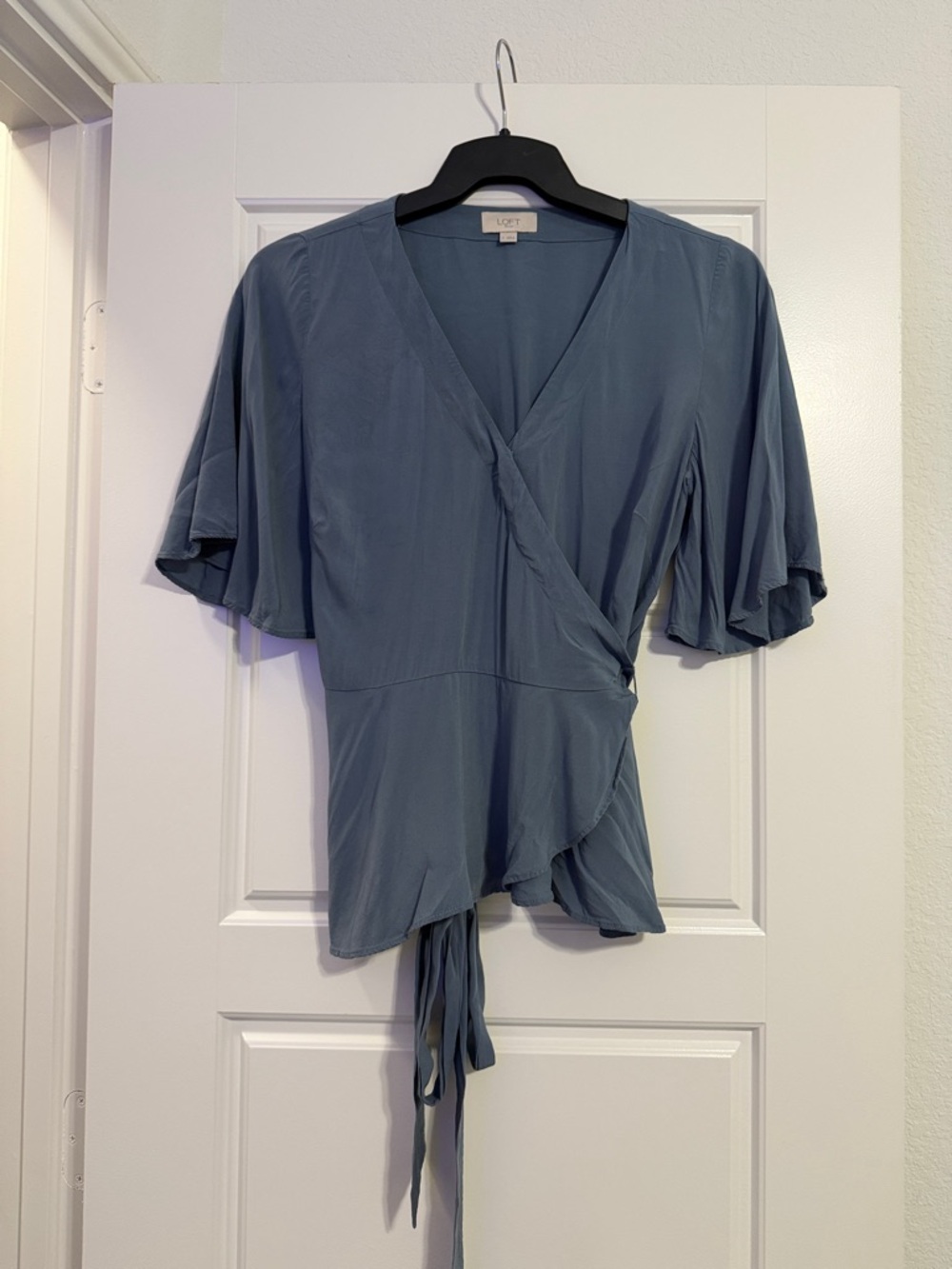 LOFT Dusty Blue Wrap Blouse with Flutter Sleeves